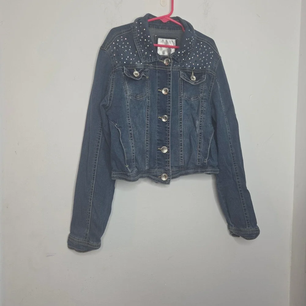 Justice Girls Blue Denim Cropped Jacket Rhinestone Embellished Size 12